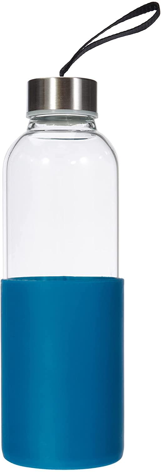 GARRAFA 600ML VIDRO/SILICONE AZUL